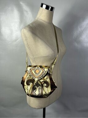 Viva of California 80s Vintage Bohemian Patchwork Gold Leather Crossbody Glam